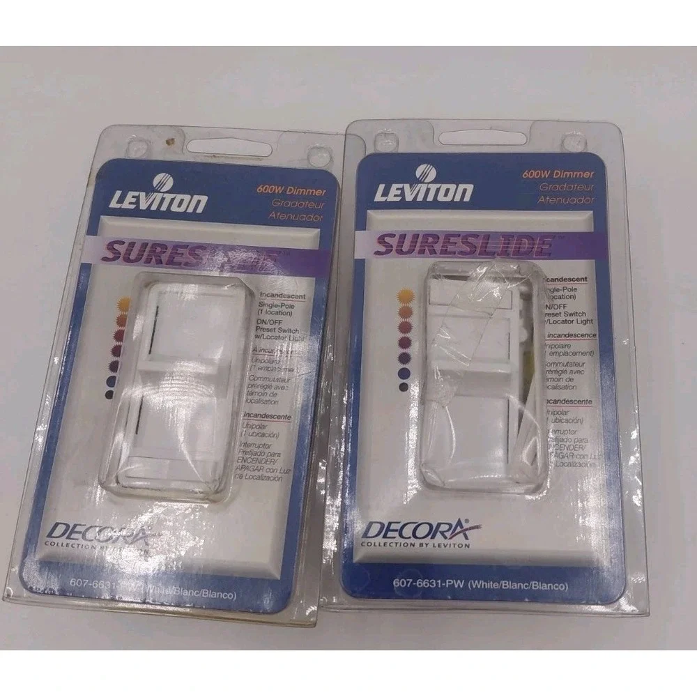 2 Leviton Decora Sureslide Dimmer 600W White 607-6631-PW Preset Switch Lot NIB